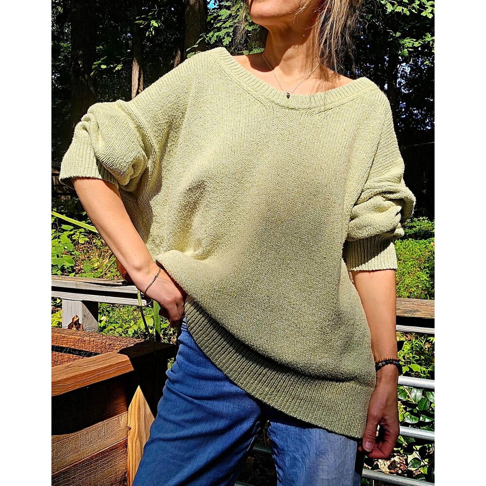 Old Navy Women Pullover Sweater 2XL Green Solid Knit V-Neck Long Sleeve Cotton